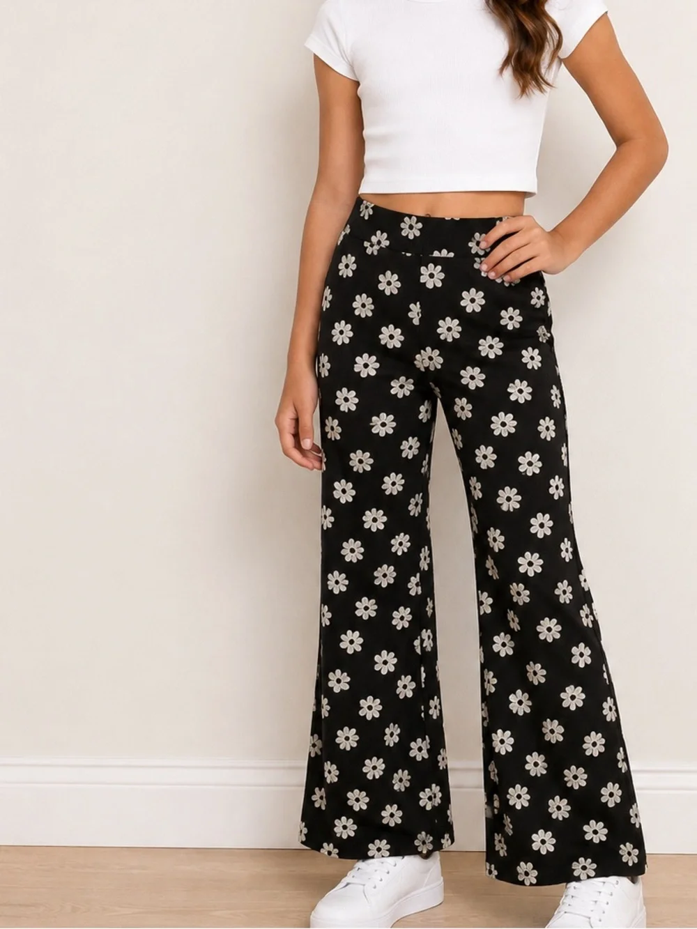 Old Navy Girls Black Daisy Floral Wide Leg Pants Size L 10/12